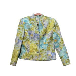 VINTAGE SERA B. Womens Pastel Quilted 100% Silk Blazer Jacket Size 14 US Floral